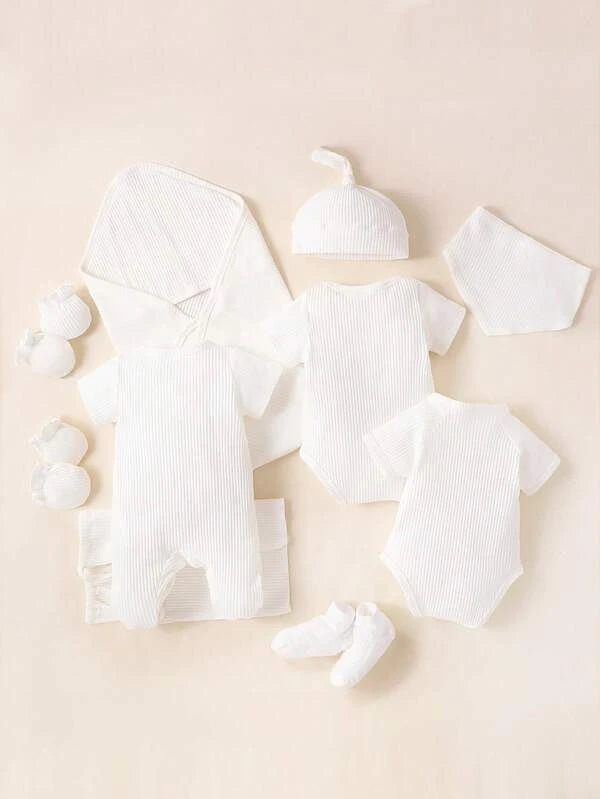 Baby 2pcs Rib-knit Solid Bodysuit & 1pc Footed Jumpsuit & Accessory Hat & Bib & Gloves & Socks & Bag Set