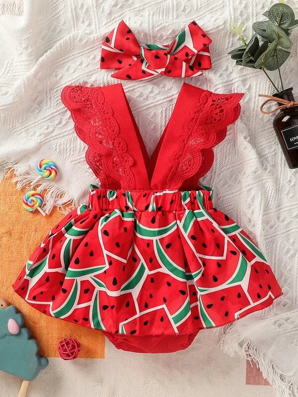 Baby Watermelon Print Guipure Lace Trim Combo Bodysuit Dress With Headband