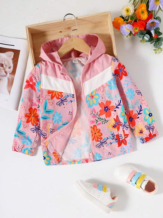 Toddler Girls Floral Print Colorblock Hooded Coat