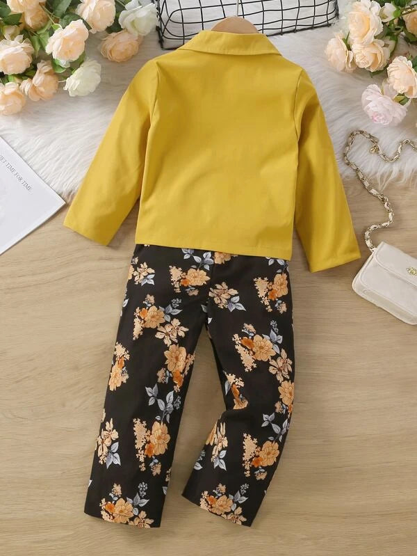 Toddler Girls Lapel Neck Single Button Blazer & Floral Print Belted Tank Jumpsuit