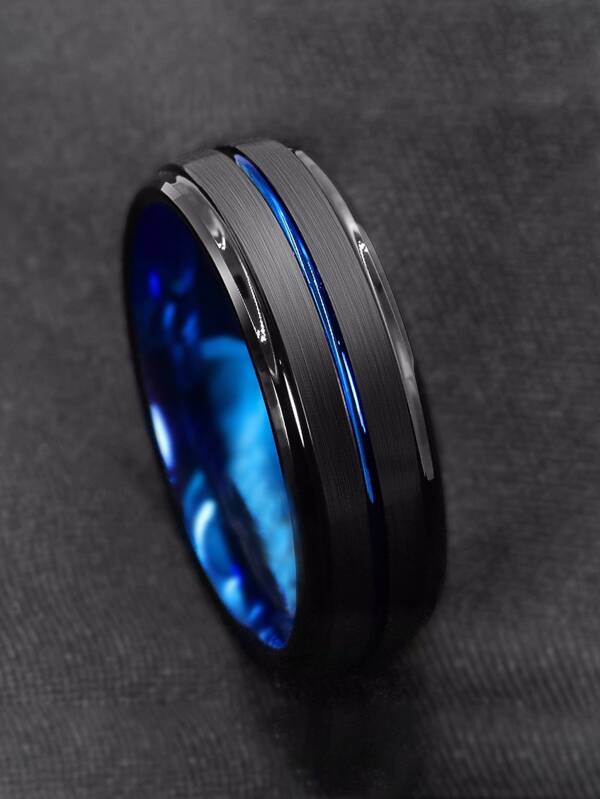 Men Two Tone Ring Simple Fashion Men's Handsome Brushed Double Beveled Blue/Gold Ring Stainless Steel for Jewelry Gift