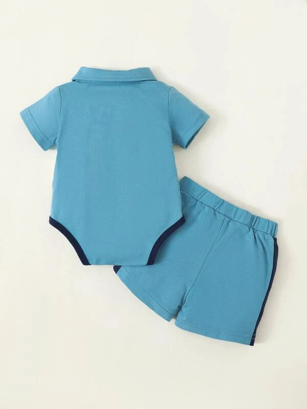 Newborn Baby Letter Graphic Colorblock Polo Neck Bodysuit & Shorts
