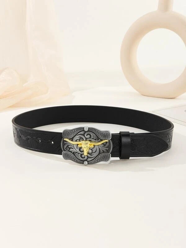 1pc Men Flower Pattern Bull Head Decor Fashionable Geometric Buckle Belt For Daily Life