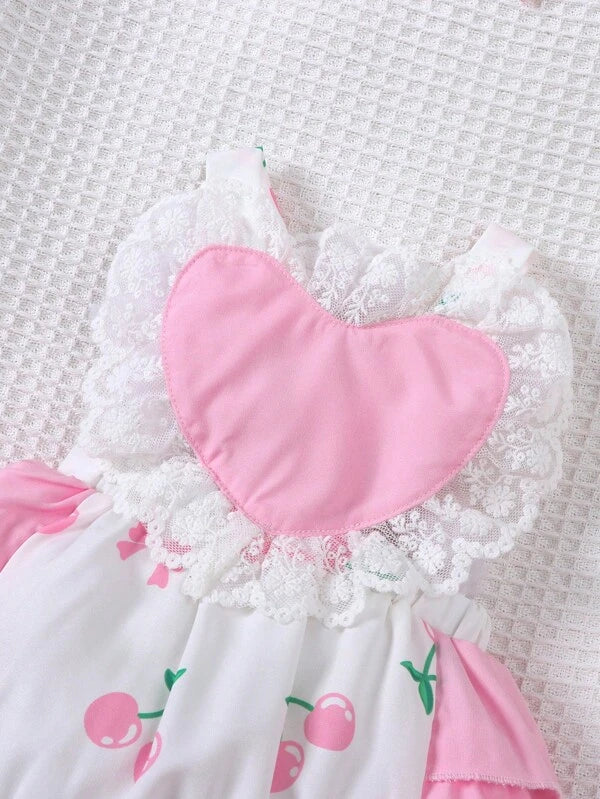 SHEIN Infant Girls' Summer Cherry, Heart, Lace And Flower Edge Bodysuit, Pink, Suitable For Party, Birthday Or Vacation