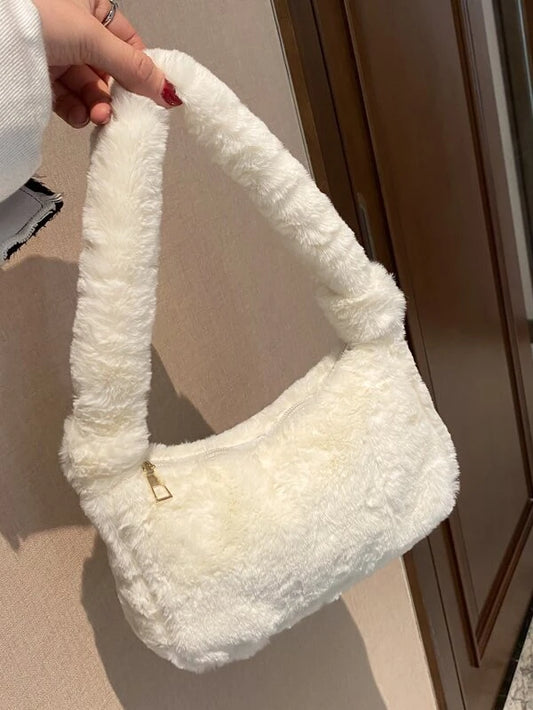 Women's Plush Underarm Bag, Ladies Fluffy Shoulder Bag, Solid Color Hand Purse, Top Handle Bag Minimalist Knot Decor Fluffy Baguette Bag