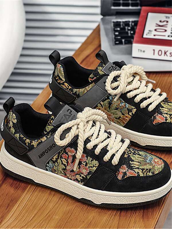 Sporty Sneakers For Men, Floral Pattern Lace-up Front Skate Shoes