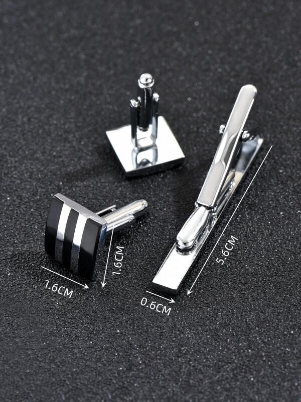 3pcs/set Men's Silver Cufflinks & Tie Clip Set