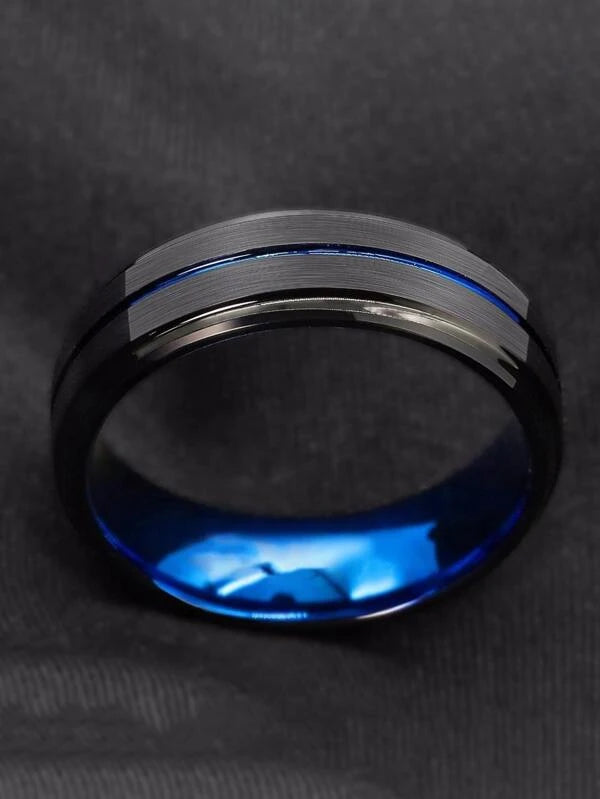 Men Two Tone Ring Simple Fashion Men's Handsome Brushed Double Beveled Blue/Gold Ring Stainless Steel for Jewelry Gift