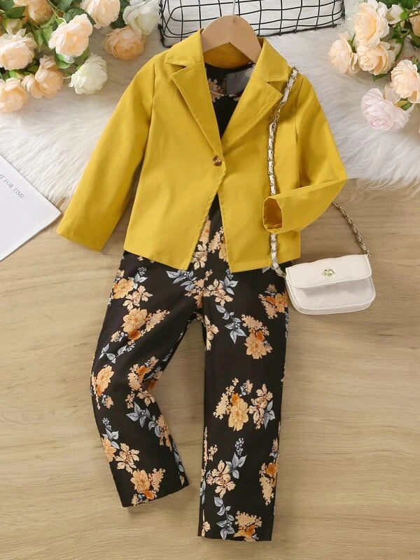 Toddler Girls Lapel Neck Single Button Blazer & Floral Print Belted Tank Jumpsuit