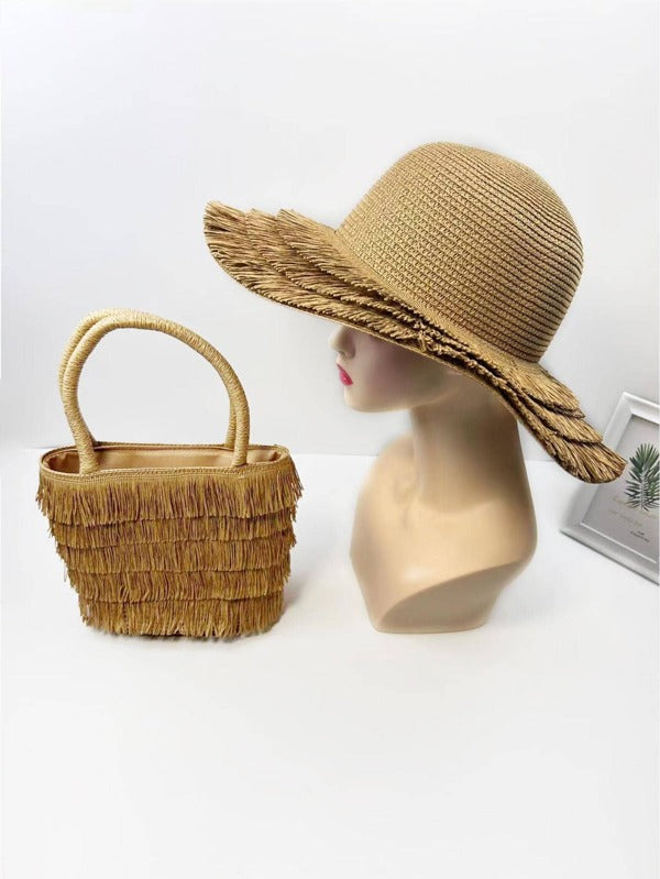 1pc Women Solid Tassel Decor Boho Straw Hat With Bag For Outdoor Travel