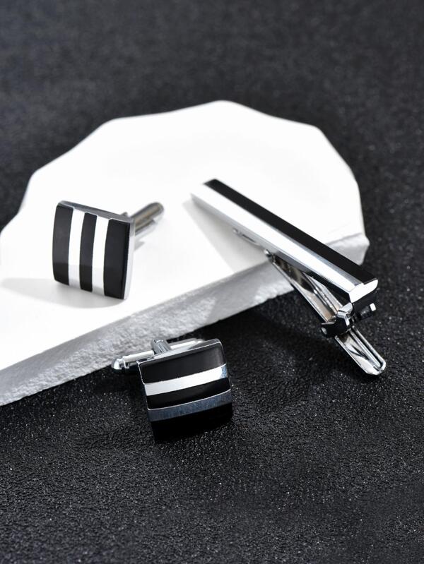 3pcs/set Men's Silver Cufflinks & Tie Clip Set