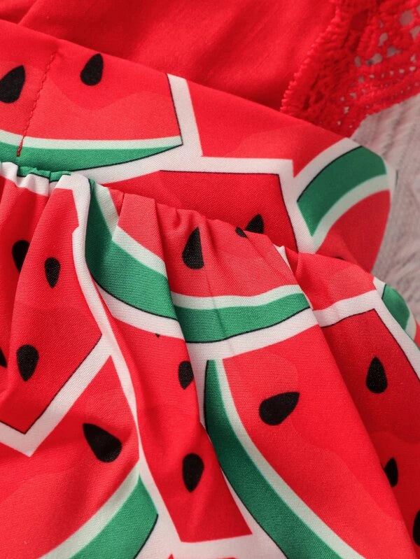 Baby Watermelon Print Guipure Lace Trim Combo Bodysuit Dress With Headband