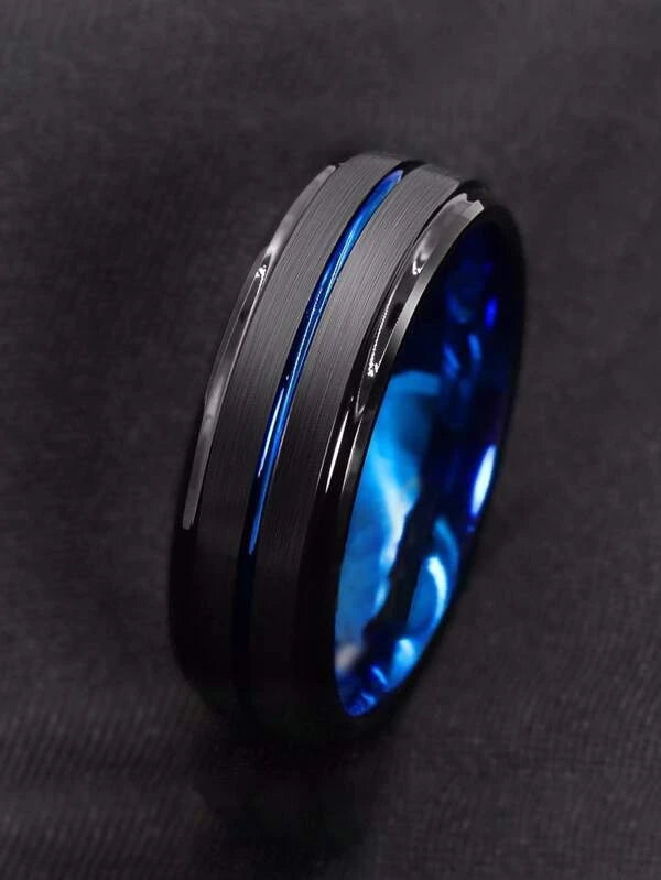 Men Two Tone Ring Simple Fashion Men's Handsome Brushed Double Beveled Blue/Gold Ring Stainless Steel for Jewelry Gift