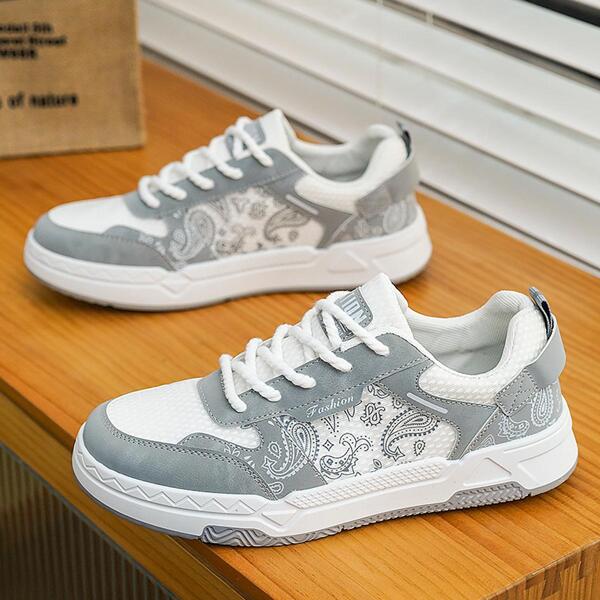 Sporty Sneakers For Men, Paisley Pattern Lace-up Front Skate Shoes