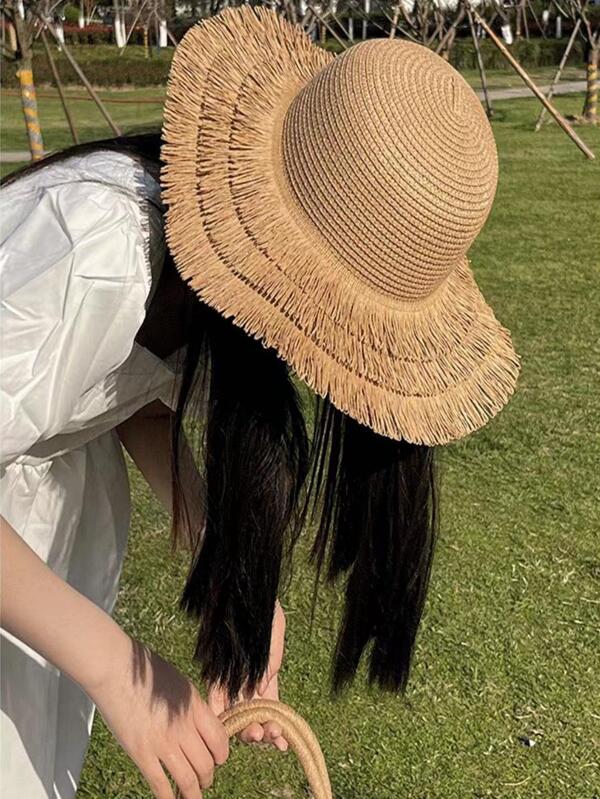 1pc Women Solid Tassel Decor Boho Straw Hat With Bag For Outdoor Travel