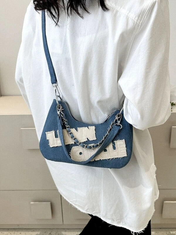 Two Tone Chain Decor Hobo Bag