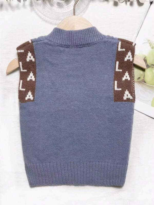 Young Girl Letter Graphic Cable Knit Sweater Vest