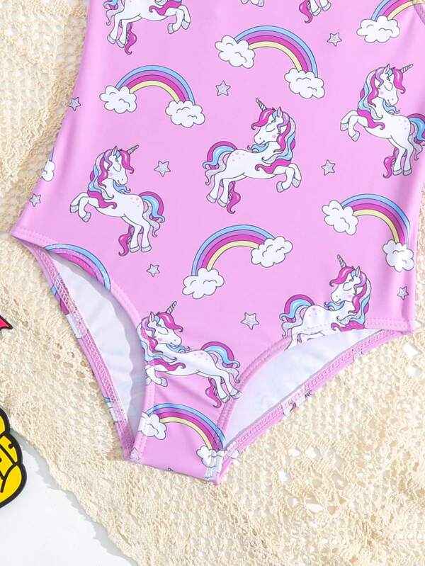 SHEIN Kids QTFun Toddler Girls Unicorn Print Ruffle Trim One Piece Swimsuit