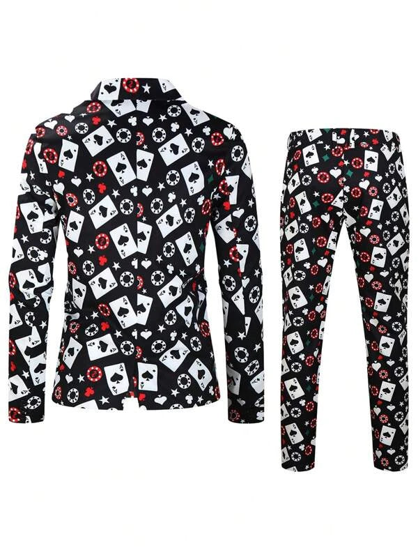 Men Playing Card Print Single Button Blazer & Pants Set