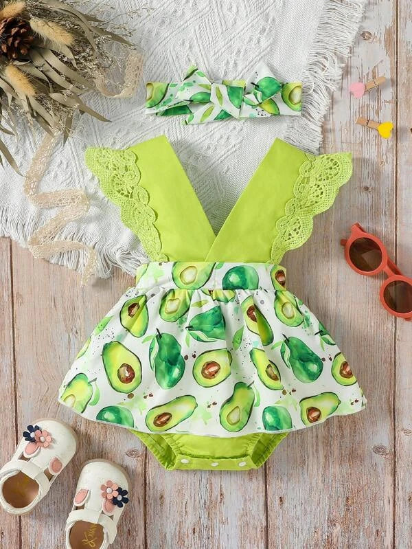 Baby Watermelon Print Guipure Lace Trim Combo Bodysuit Dress With Headband