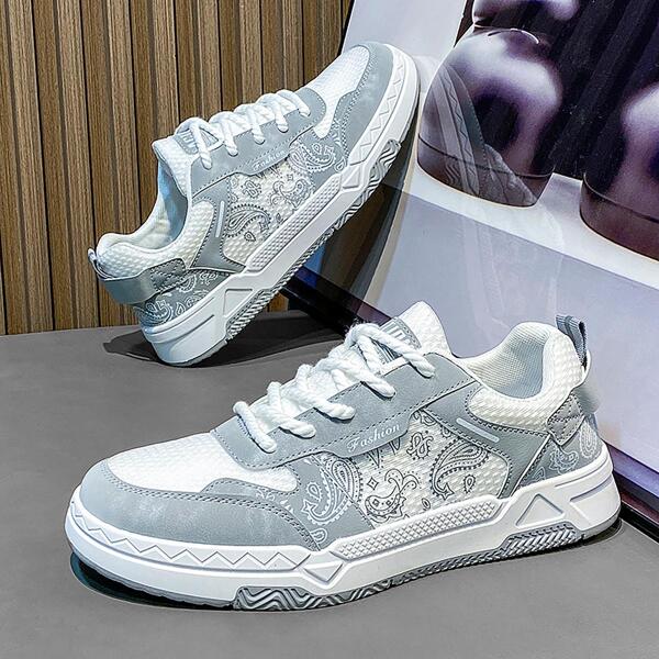 Sporty Sneakers For Men, Paisley Pattern Lace-up Front Skate Shoes