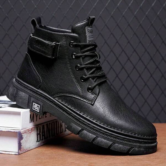 Men's Fashionable Short Boots For Autumn, British Style, Motorcycle Boots & Black Work Boots, Mid-top Faux Leather Shoes For Summer