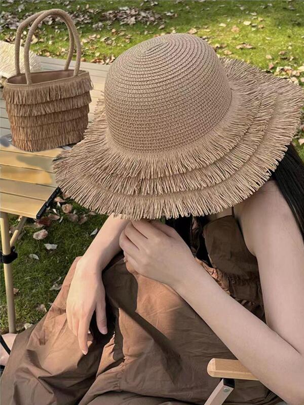 1pc Women Solid Tassel Decor Boho Straw Hat With Bag For Outdoor Travel