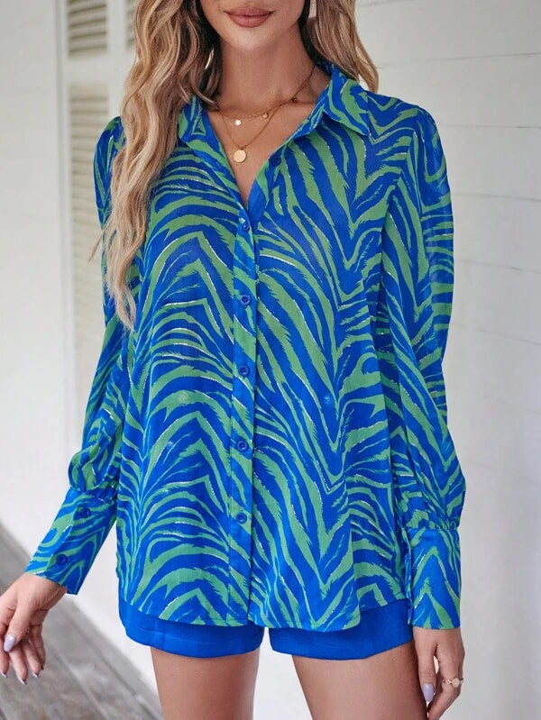 SHEIN Essnce Zebra Striped Print Lantern Sleeve Shirt