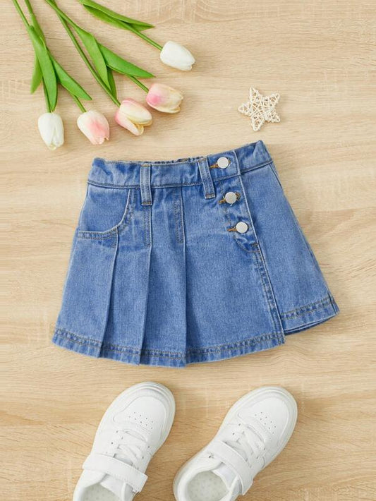 SHEIN Toddler Girls Button Front Pleated Panel Denim Skort