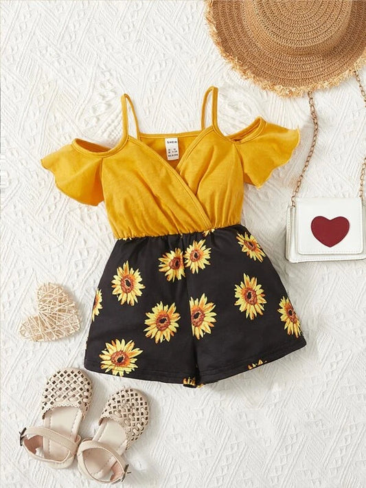 SHEIN Baby Sunflower Print Cold Shoulder Romper