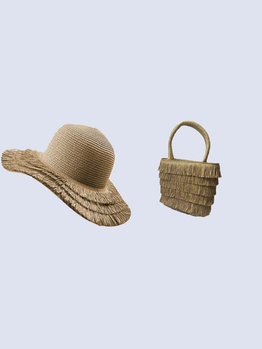 1pc Women Solid Tassel Decor Boho Straw Hat With Bag For Outdoor Travel