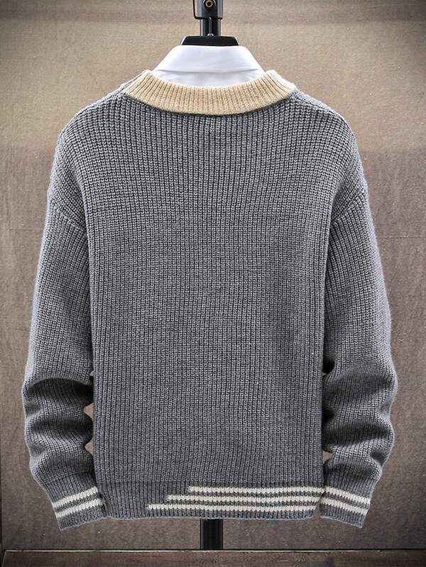 Men Letter Patched Striped Trim Drop Shoulder Sweater Without Shirt