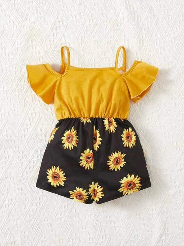 SHEIN Baby Sunflower Print Cold Shoulder Romper