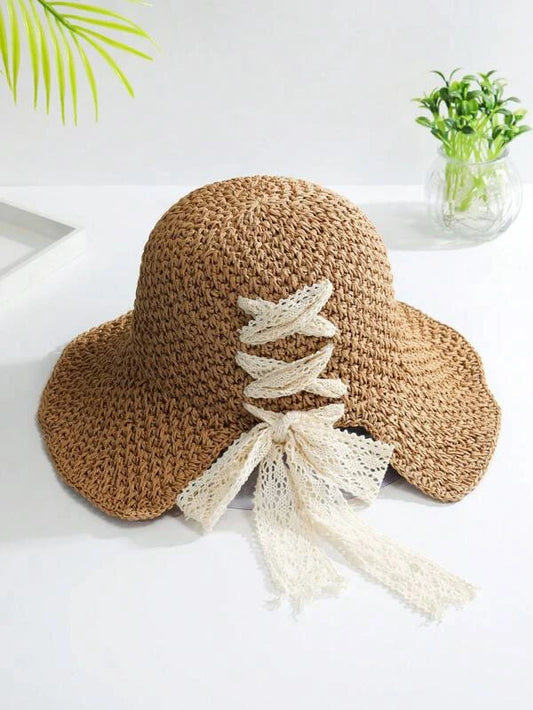 1pc Women Lace Decor Sun Protection Boho Straw Hat For Vacation