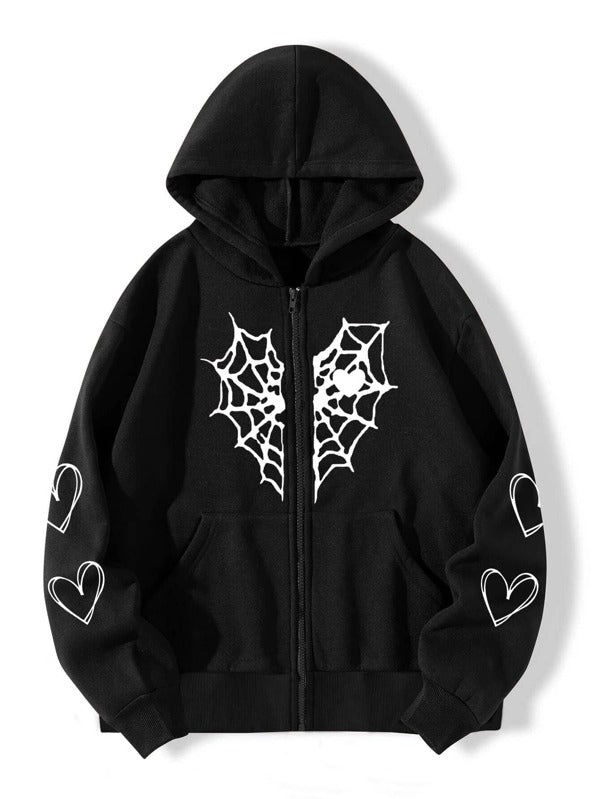 SHEIN Coolane Spider Web & Heart Print Zipper Thermal Hoodie