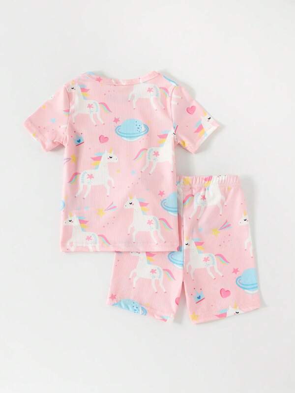 SHEIN Kids QTFun Toddler Girls Unicorn Print Tee & Shorts Snug Fit PJ Set