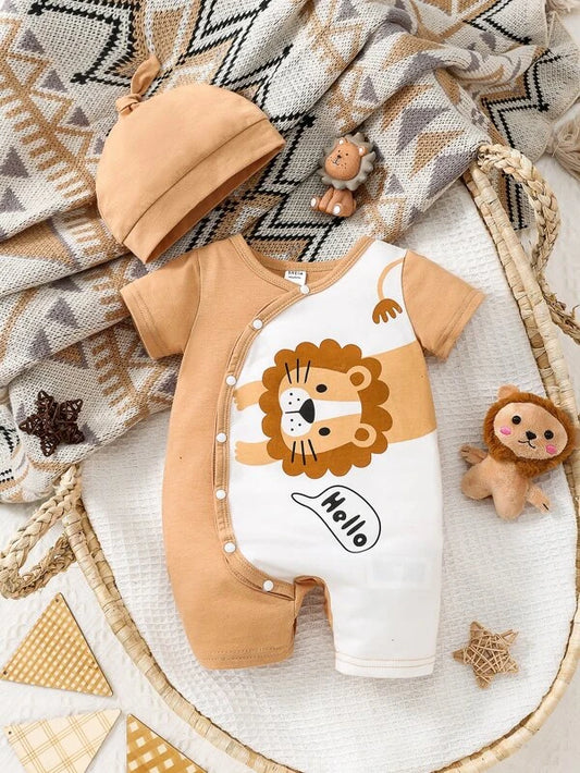 Baby Cartoon Lion Graphic Romper & Hat