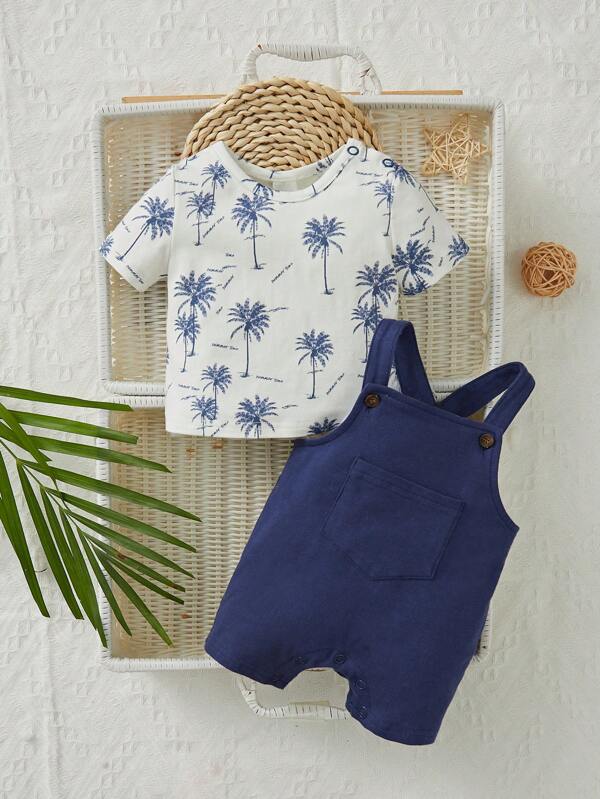 New Born Baby Coconut Tree Print Tee & Pinafore Romper