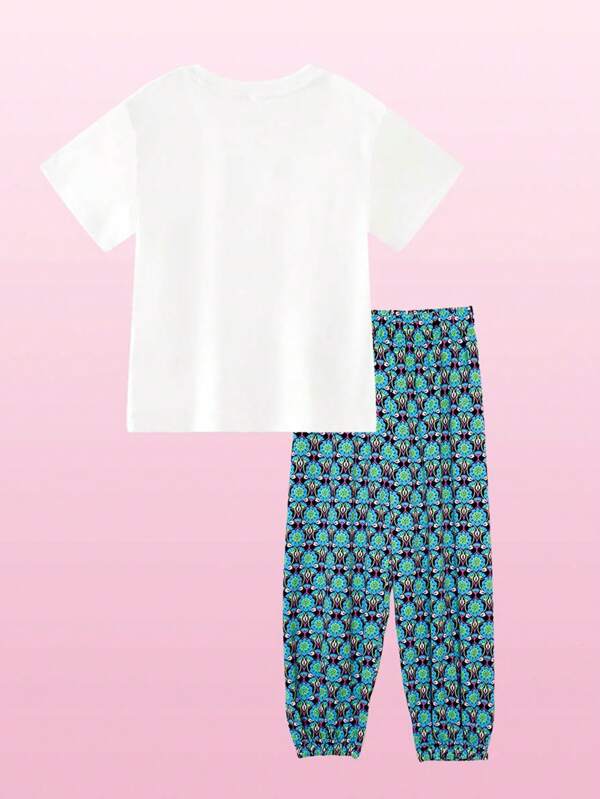 Teen Girl Letter Graphic Tee & Allover Print Pants