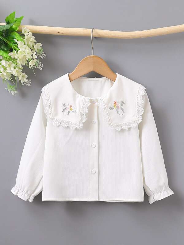 SHEIN Kids EVRYDAY Toddler Girls Flower Embroidered Sailor Collar Flounce Sleeve Blouse