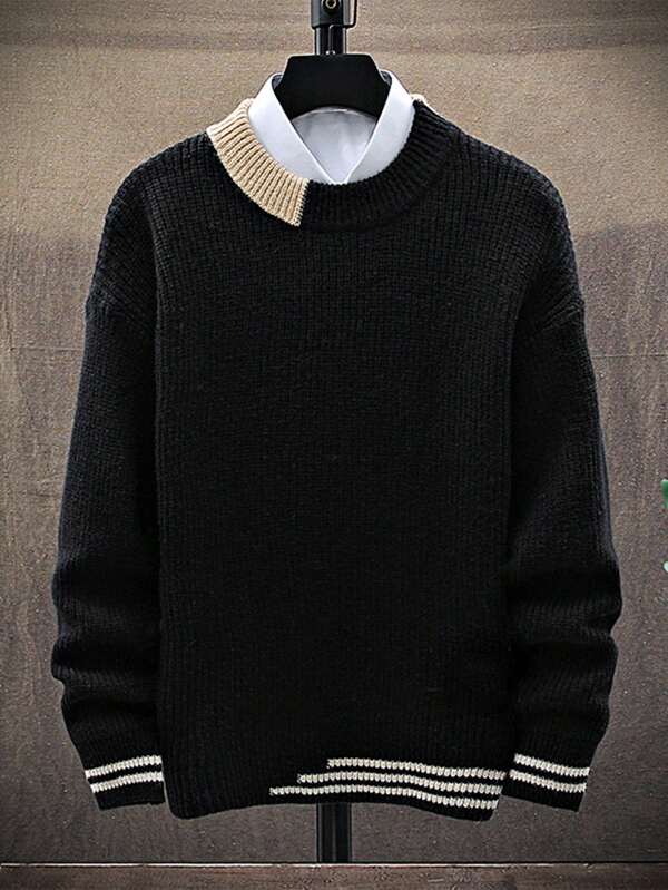 Men Striped Trim Drop Shoulder Sweater Without Shirt