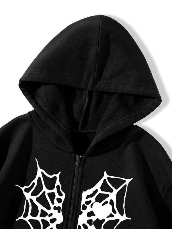 SHEIN Coolane Spider Web & Heart Print Zipper Thermal Hoodie