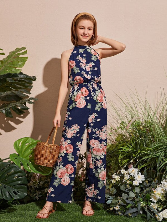 SHEIN Teen Girls Floral Print Sleeveless Jumpsuit