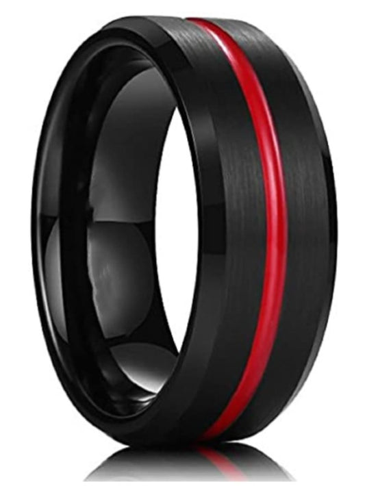 1pc Simple Men's Stainless steel Ring Black Surface Brushed Inlay Red Groove Jewelry Engagement Wedding Ring For Men Anniversary Gift