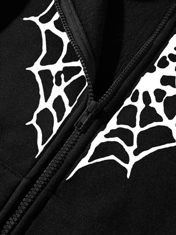 SHEIN Coolane Spider Web & Heart Print Zipper Thermal Hoodie