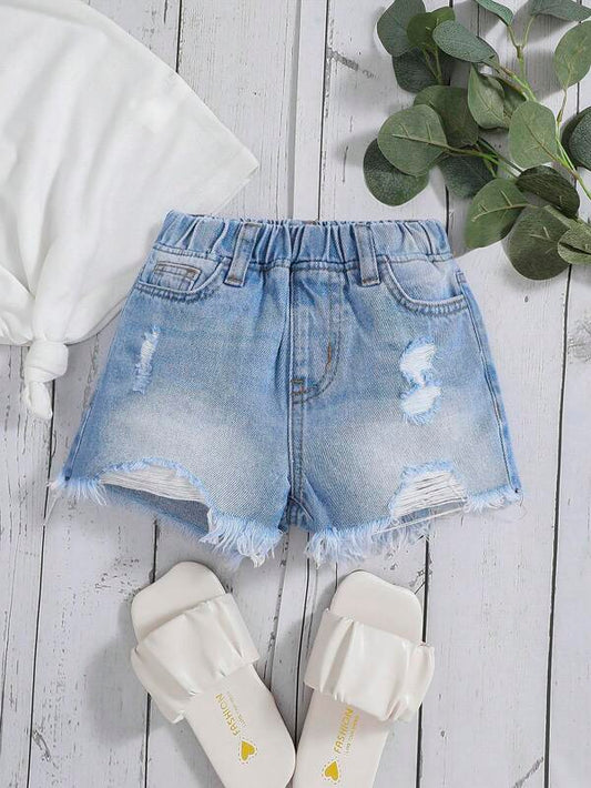 SHEIN Kids EVRYDAY Toddler Girls Ripped Raw Cut Denim Shorts