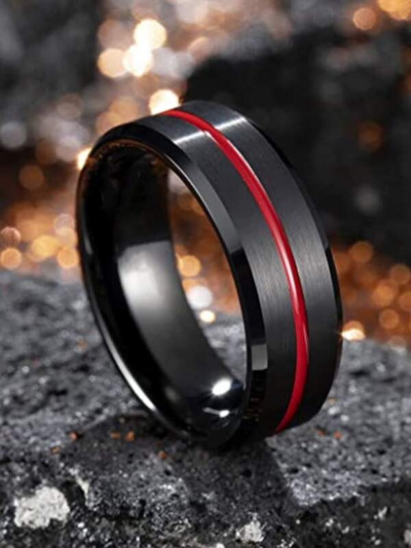 1pc Simple Men's Stainless steel Ring Black Surface Brushed Inlay Red Groove Jewelry Engagement Wedding Ring For Men Anniversary Gift