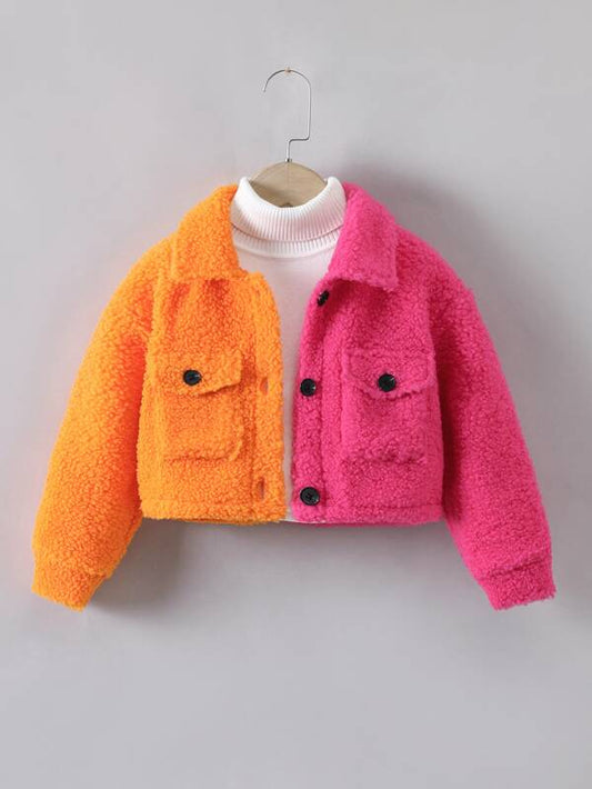 SHEIN Kids EVRYDAY Toddler Girls 1pc Two Tone Flap Pocket Teddy Jacket