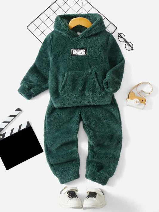 Toddler Boys Letter Patched Kangaroo Pocket Teddy Hoodie & Pants