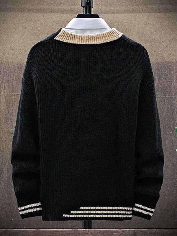 Men Striped Trim Drop Shoulder Sweater Without Shirt